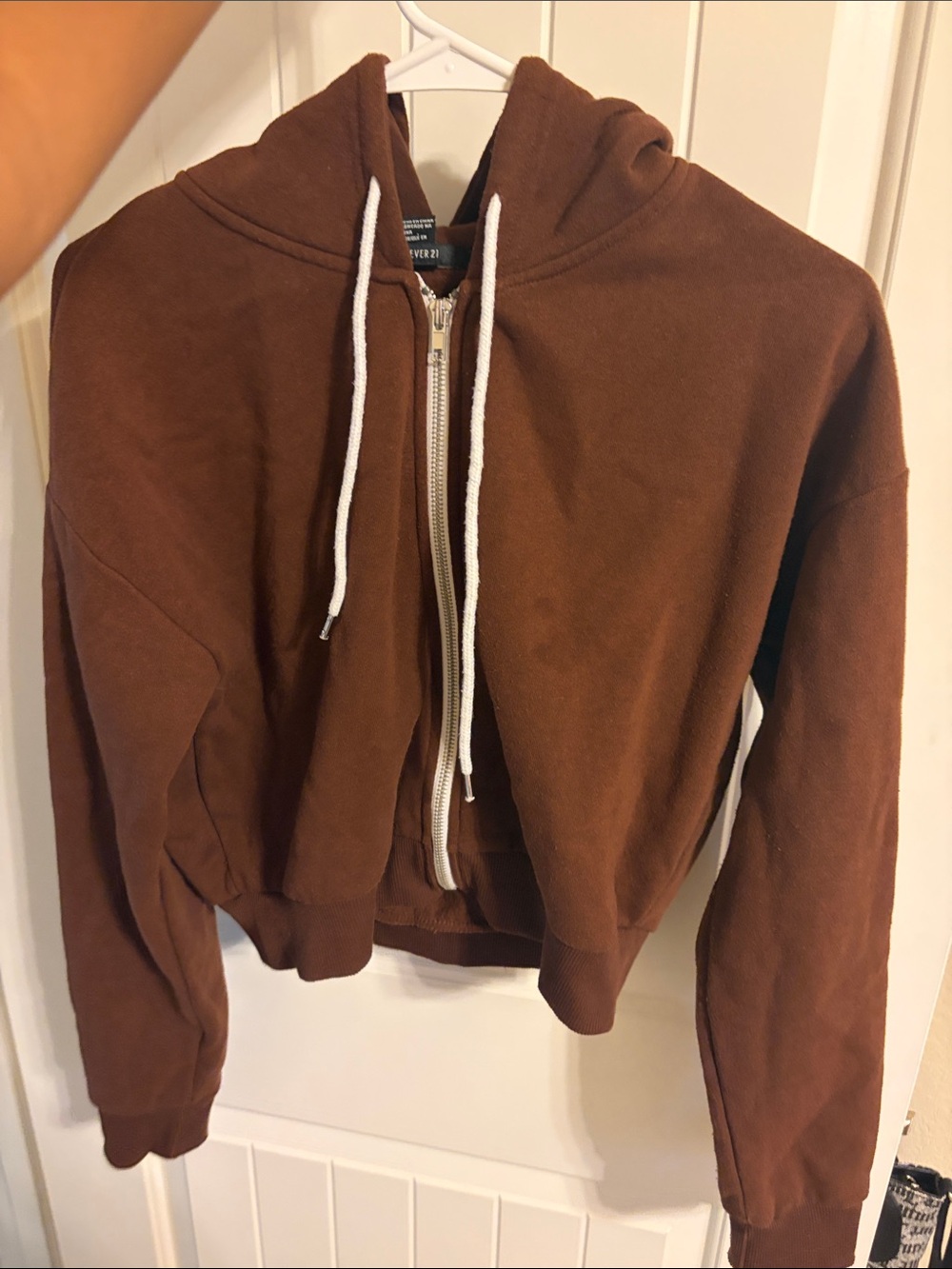 Forever 21 Brown Zip-Up Hoodie with White Drawstrings